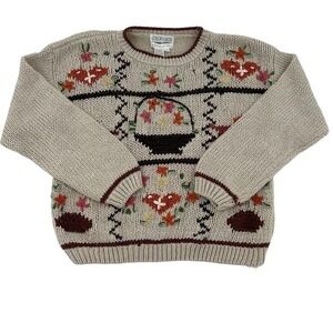 Color Cues Vintage Hand Knit Floral Sweater Women Large Cottagecore Ramie Blend